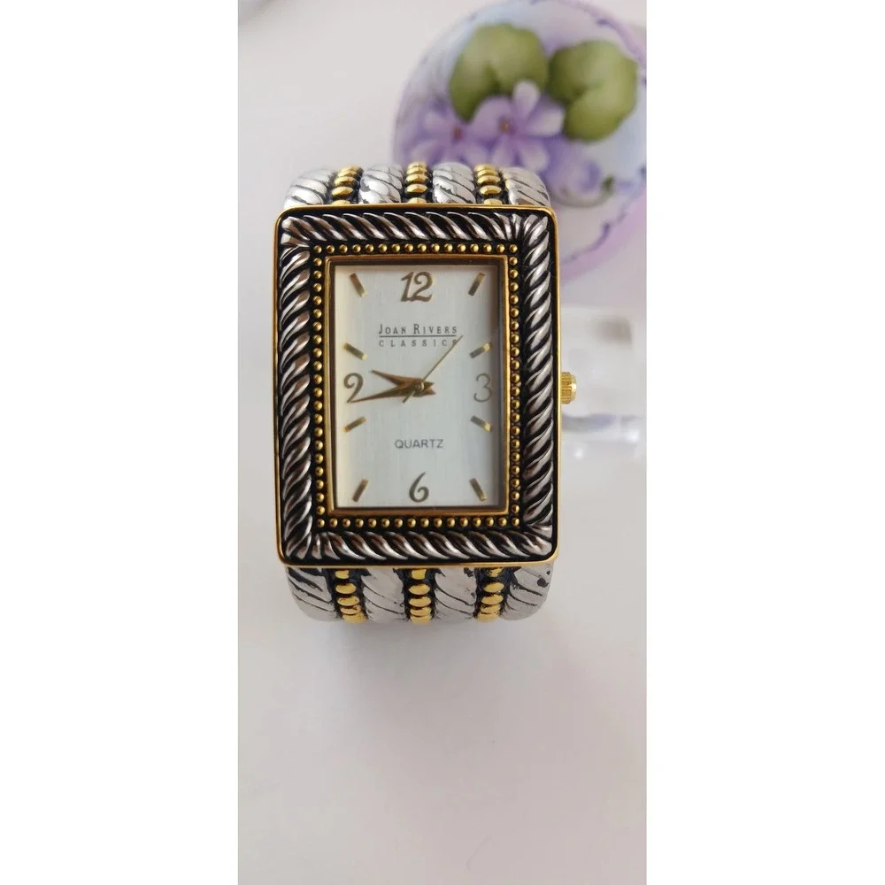 MINT Signed Vintage Joan Rivers Classics Two Tone Pebbled Metal Cuff Tank Watch